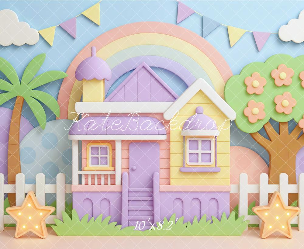 Kate Regenbogen Haus Palmen Pastell Hintergrund Entworfen von Mini MakeBelieve - Kate Backdrop.de