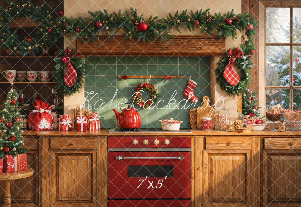 Kate Weihnachten Küche Kranz Rot Hintergrund Entworfen von Emetselch - Kate Backdrop.de