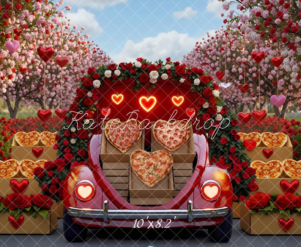Kate Valentinstag Herzpizza Auto Rosen Hintergrund Entworfen von Mini MakeBelieve - Kate Backdrop.de