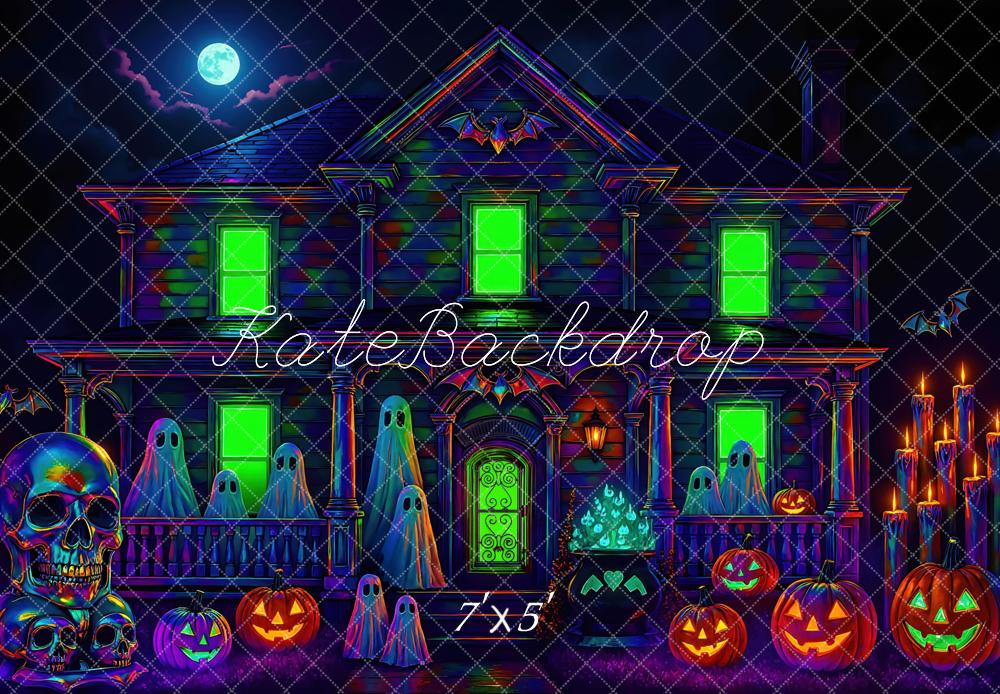 Kate Halloween Spukhaus Kürbisse Neon Hintergrund Entworfen von Mini MakeBelieve - Kate Backdrop.de