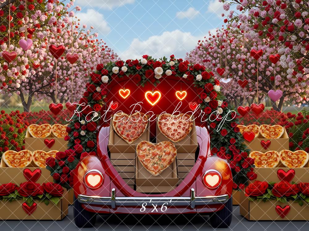 Kate Valentinstag Herzpizza Auto Rosen Hintergrund Entworfen von Mini MakeBelieve - Kate Backdrop.de