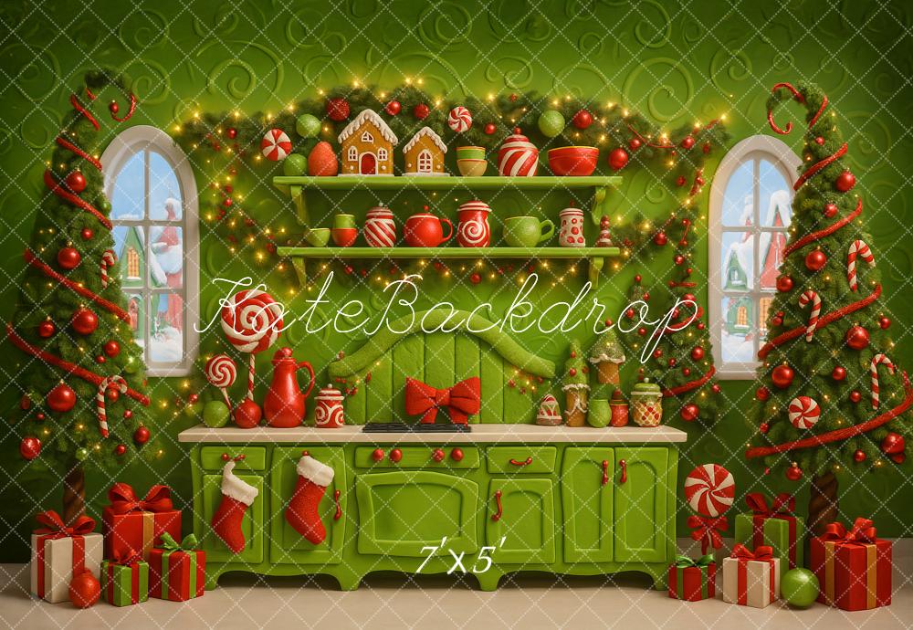 Kate Weihnachten Küche Weihnachtsbäume Grün Hintergrund Entworfen von Ashley Paul