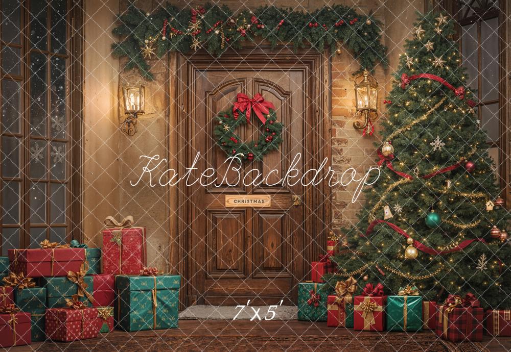 Kate Weihnachten Geschenke Tannenbaum Holztür Hintergrund Entworfen von Emetselch - Kate Backdrop.de