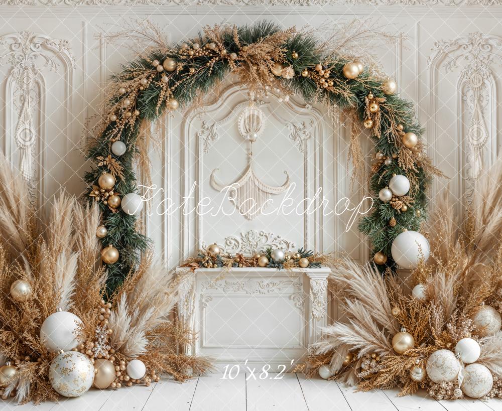 Kate Weihnachten Kamin Kranz Gold Hintergrund Entworfen von Emetselch - Kate Backdrop.de