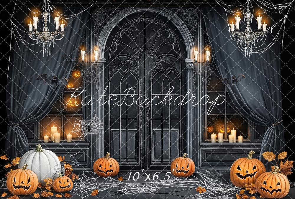 Kate Halloween Kürbisse Spinnweben Grau Fleece Hintergrund Entworfen von Chain - Kate Backdrop.de