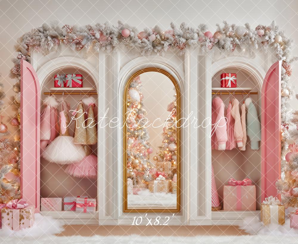 Kate Weihnachten Kleiderschrank Spiegel Rosa Hintergrund Entworfen von Patty Roberts - Kate Backdrop.de