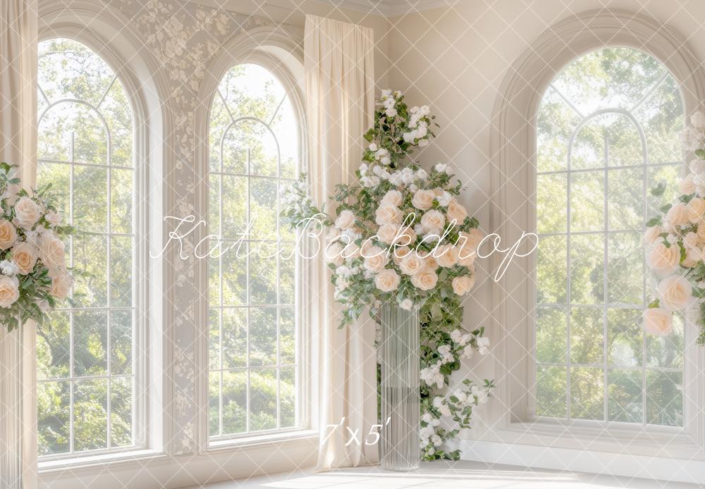 Kate Hochzeit Fenster Blumen Creme Hintergrund Entworfen von Mini MakeBelieve - Kate Backdrop.de