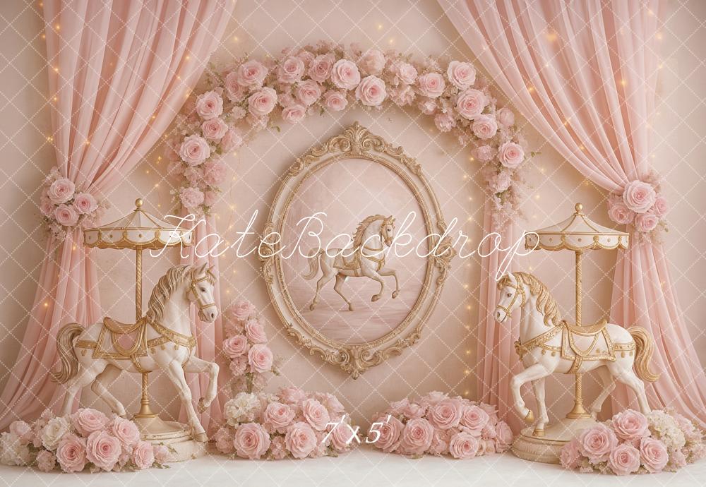 Kate Karussell Blumen Pferde Rosa Hintergrund Entworfen von Ashley Paul - Kate Backdrop.de