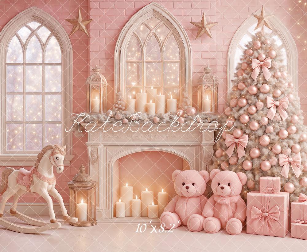 Kate Weihnachten Kamin Weihnachtsbaum Rosa Hintergrund Entworfen von Ashley Paul - Kate Backdrop.de