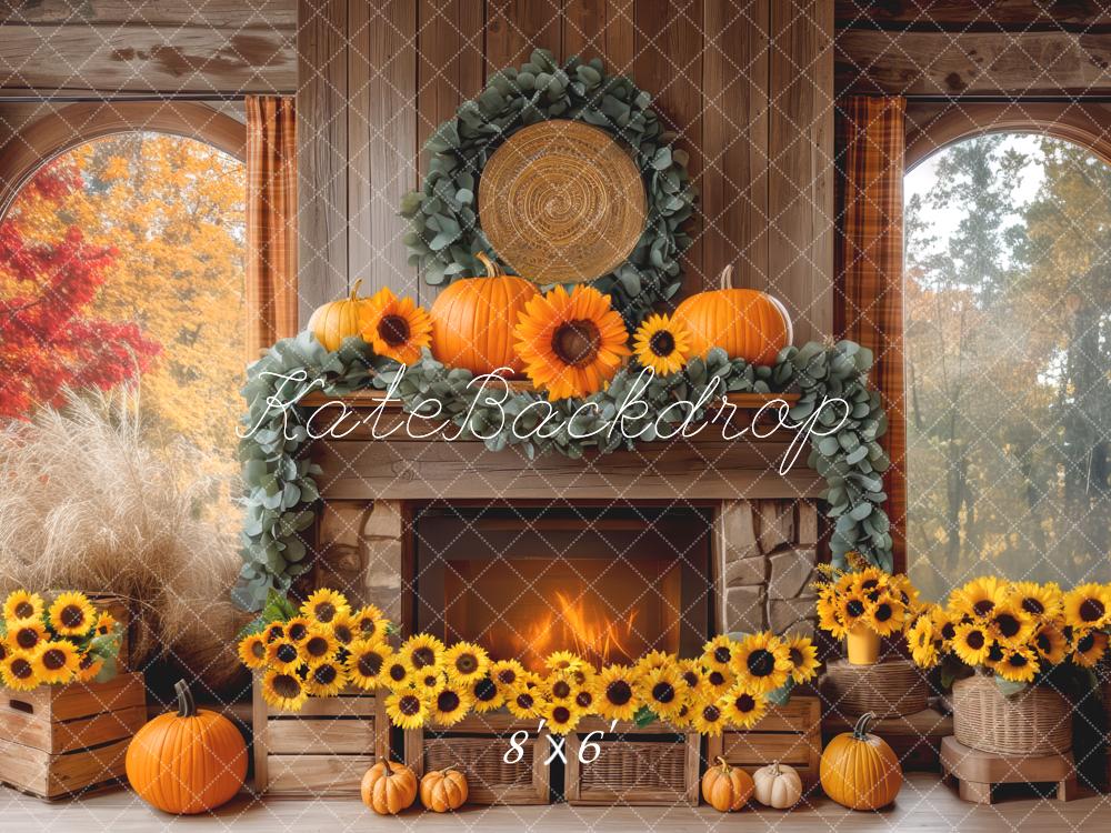 Kate Herbst Kamin Sonnenblumen Kürbisse Hintergrund Entworfen von Mini MakeBelieve - Kate Backdrop.de