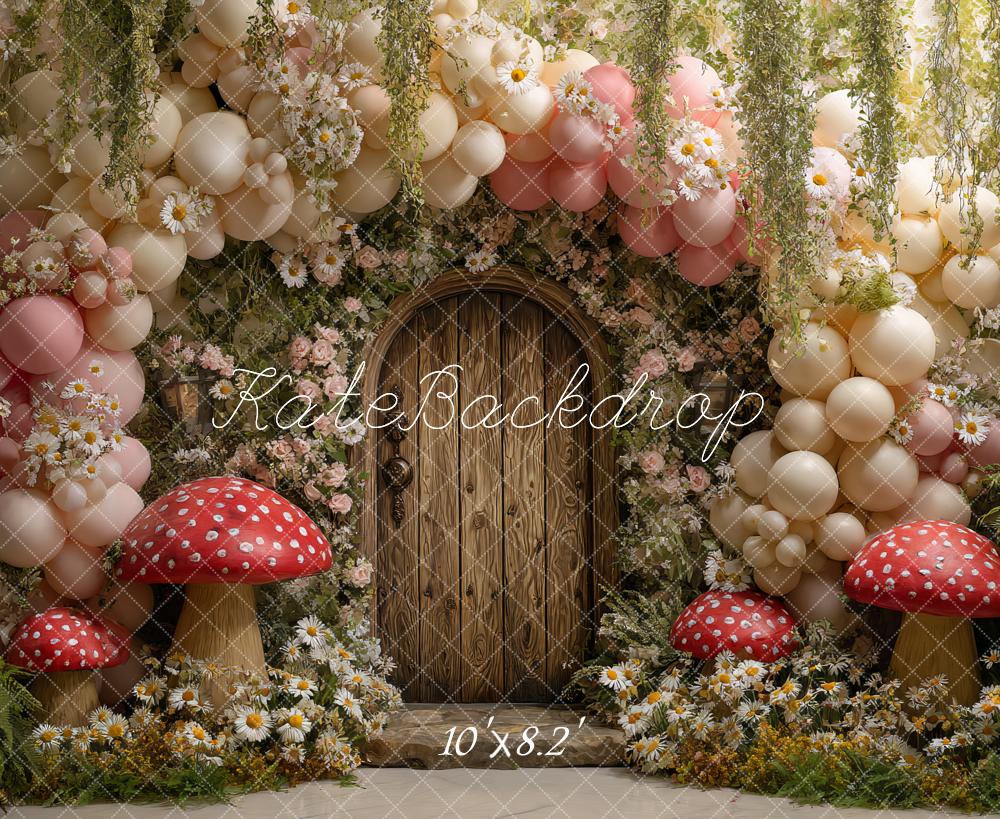 Kate Märchen Tür Ballons Pilze Blumen Hintergrund Entworfen von Ashley Paul