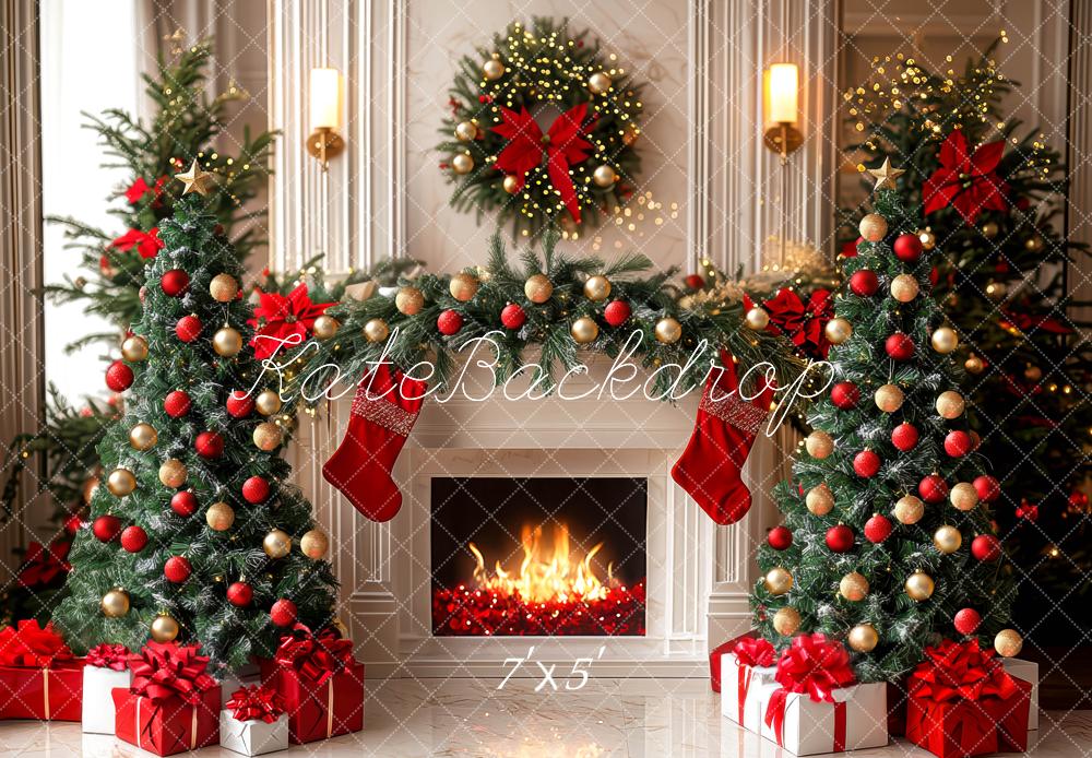 Kate Weihnachten Kamin Weihnachtsbaum Rot Gold Hintergrund Entworfen von Mini MakeBelieve - Kate Backdrop.de