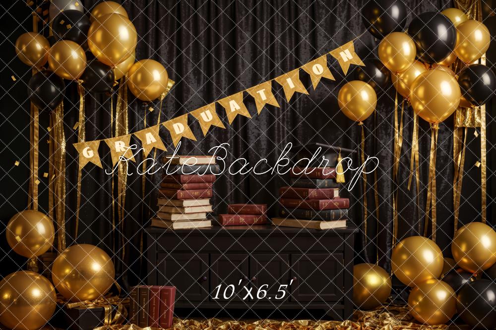 Kate Abschlusszeit Ballons Bücher Schwarz Gold Hintergrund Entworfen von Emetselch - Kate Backdrop.de