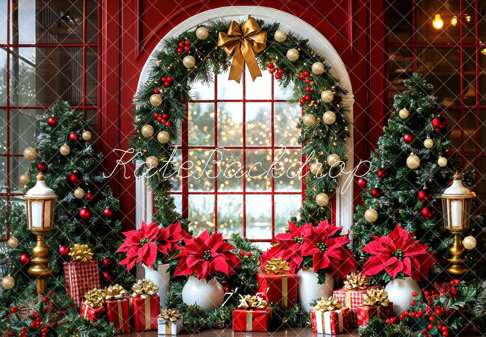 Kate Weihnachten Fenster Kranz Poinsettien Hintergrund Entworfen von Mini MakeBelieve - Kate Backdrop.de