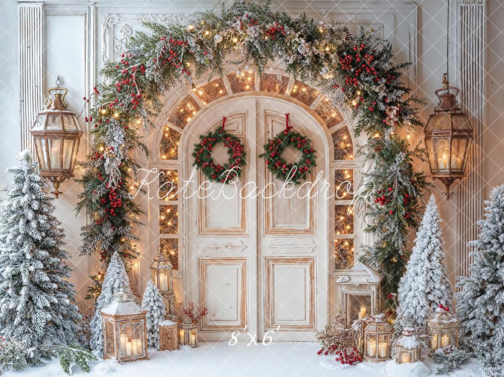 Kate Weihnachten Tür Kranz Schneebäume Fleece Hintergrund Entworfen von Emetselch