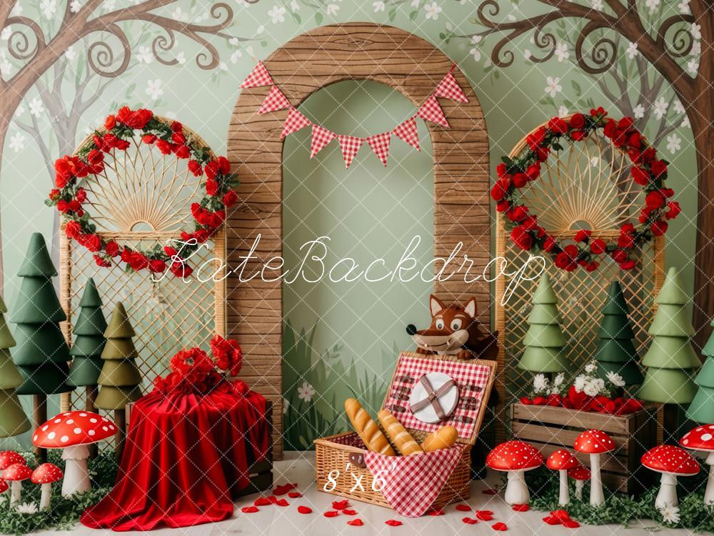 Kate Märchenwald Wolf Picknick Rot Hintergrund Entworfen von Patty Roberts - Kate Backdrop.de