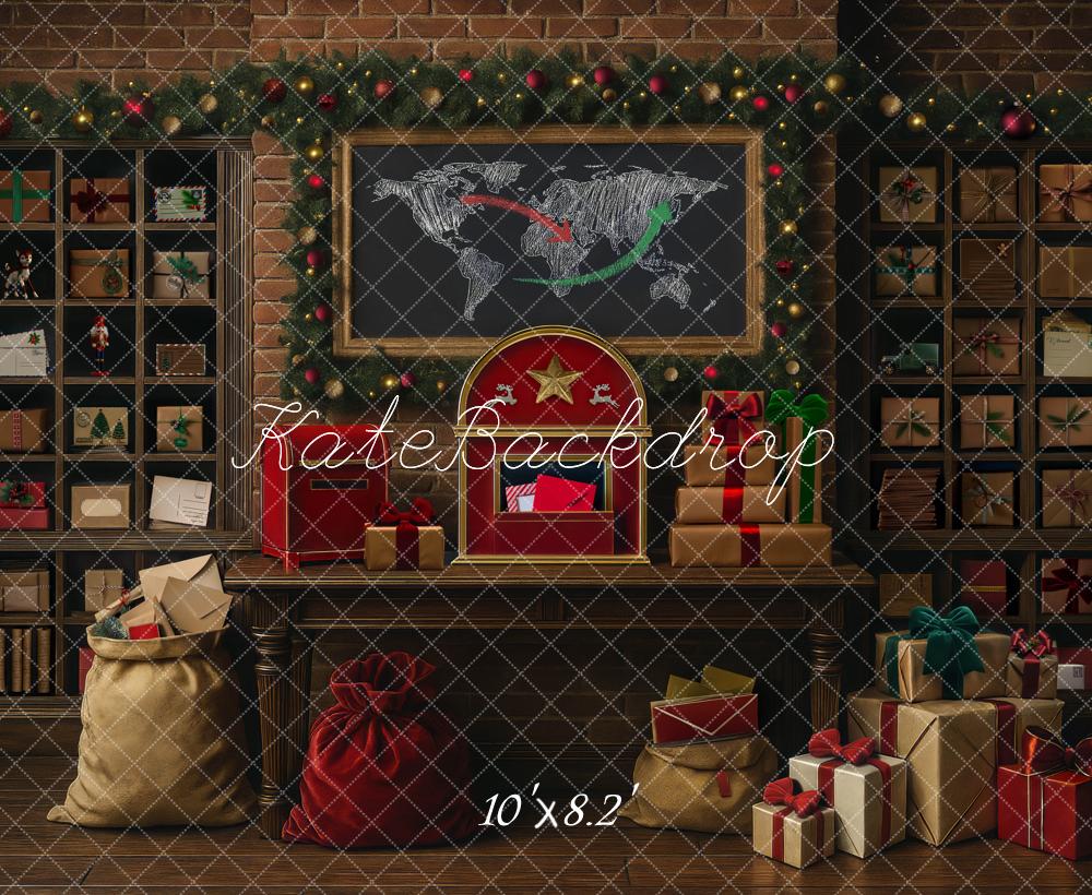 Kate Weihnachten Geschenke Regal Ziegelwand Hintergrund Entworfen von Mini MakeBelieve - Kate Backdrop.de