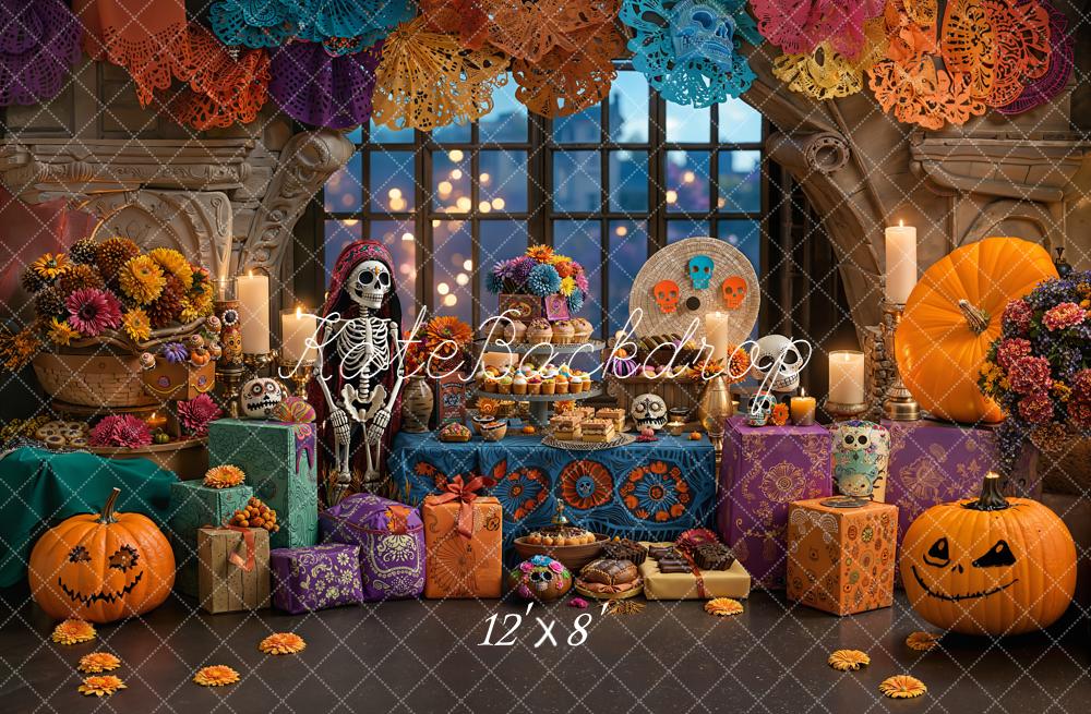 Kate Halloween Día De Los Muertos Kürbis Skelett Bunt Hintergrund Entworfen von Emetselch - Kate Backdrop.de