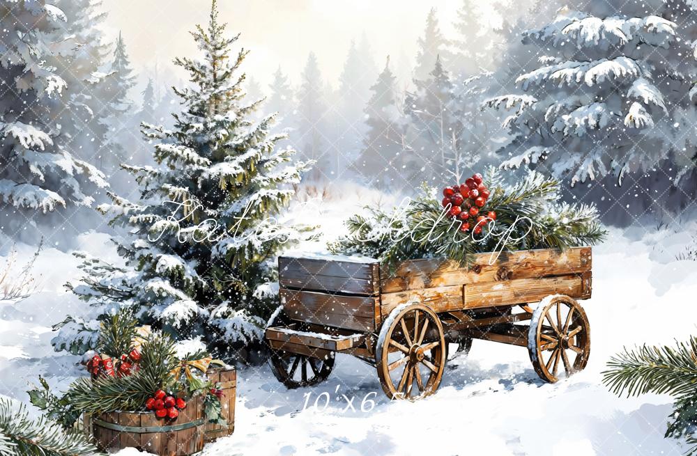 Kate Weihnachten Holzwagen Schnee Wald Fleece Hintergrund Entworfen von Emetselch