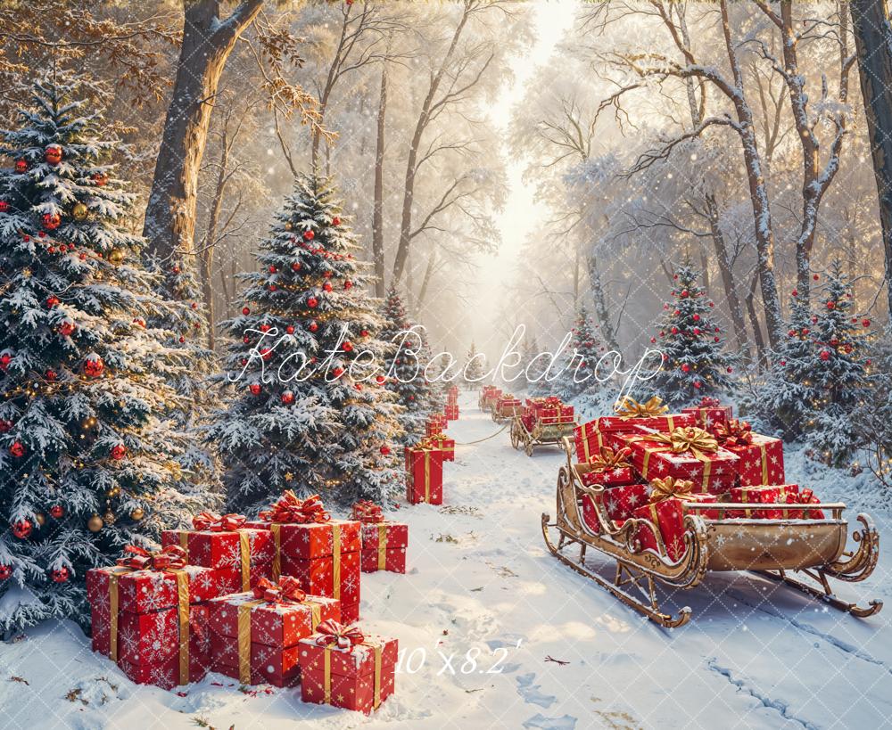 Kate Weihnachten Geschenke Schlitten Winterwald Fleece Hintergrund Entworfen von Emetselch - Kate Backdrop.de