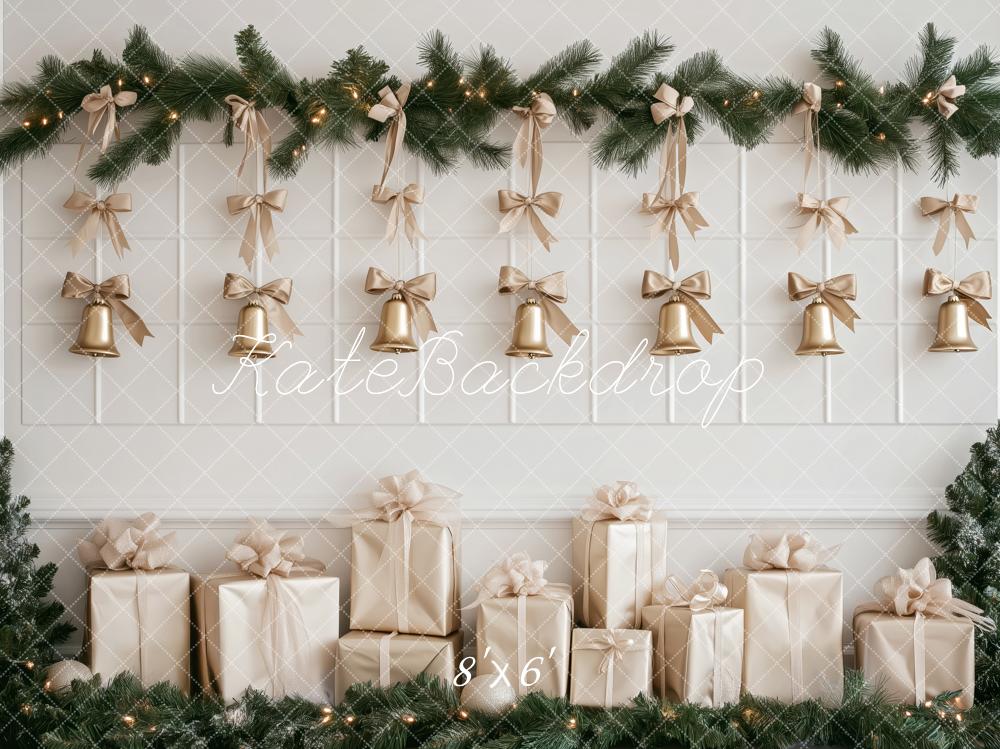 Kate Weihnachten Geschenke Glocken Gold Hintergrund Entworfen von Patty Roberts - Kate Backdrop.de