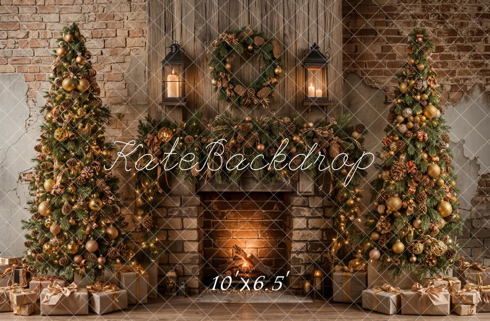 Kate Weihnachten Kamin Weihnachtsbäume Rustikal Fleece Hintergrund Entworfen von Emetselch - Kate Backdrop.de