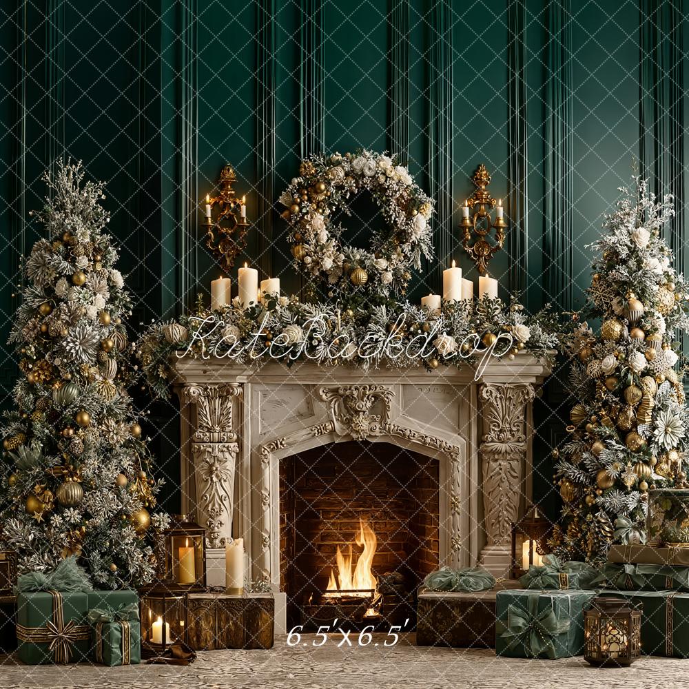 Kate Weihnachten Kamin Weihnachtsbaum Grün Gold Hintergrund Entworfen von Emetselch - Kate Backdrop.de