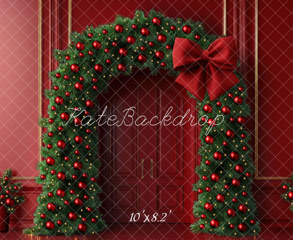 Kate Weihnachten Blumenbogen Tannenzweige Rot Hintergrund Entworfen von Mini MakeBelieve - Kate Backdrop.de