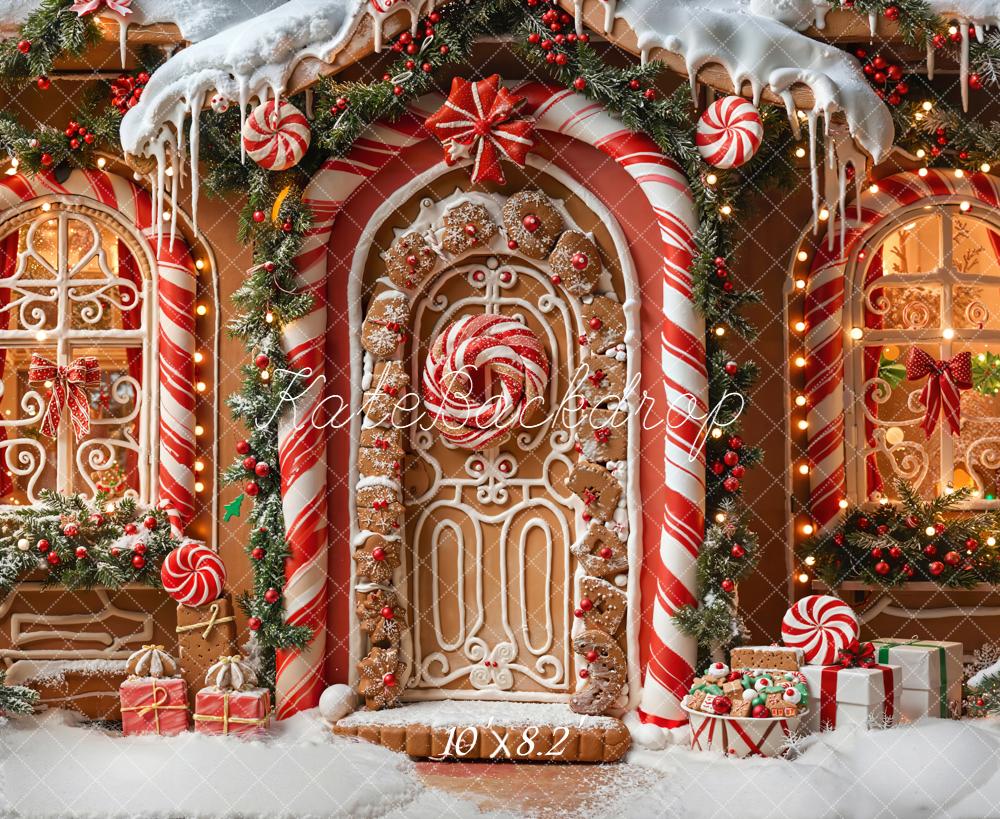 Kate Weihnachten Lebkuchenhaus Zuckerstangen Schnee Hintergrund Entworfen von Emetselch - Kate Backdrop.de