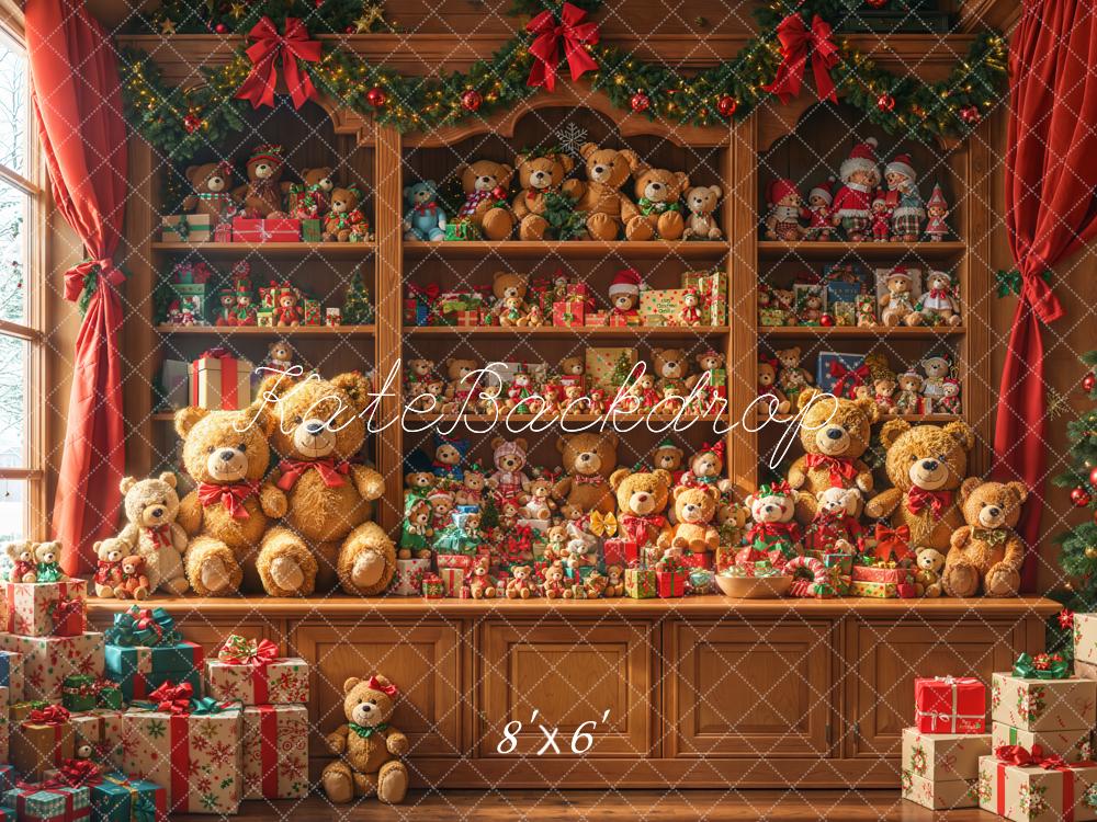 Kate Weihnachten Teddybären Regal Holz Fleece Hintergrund Entworfen von Emetselch - Kate Backdrop.de