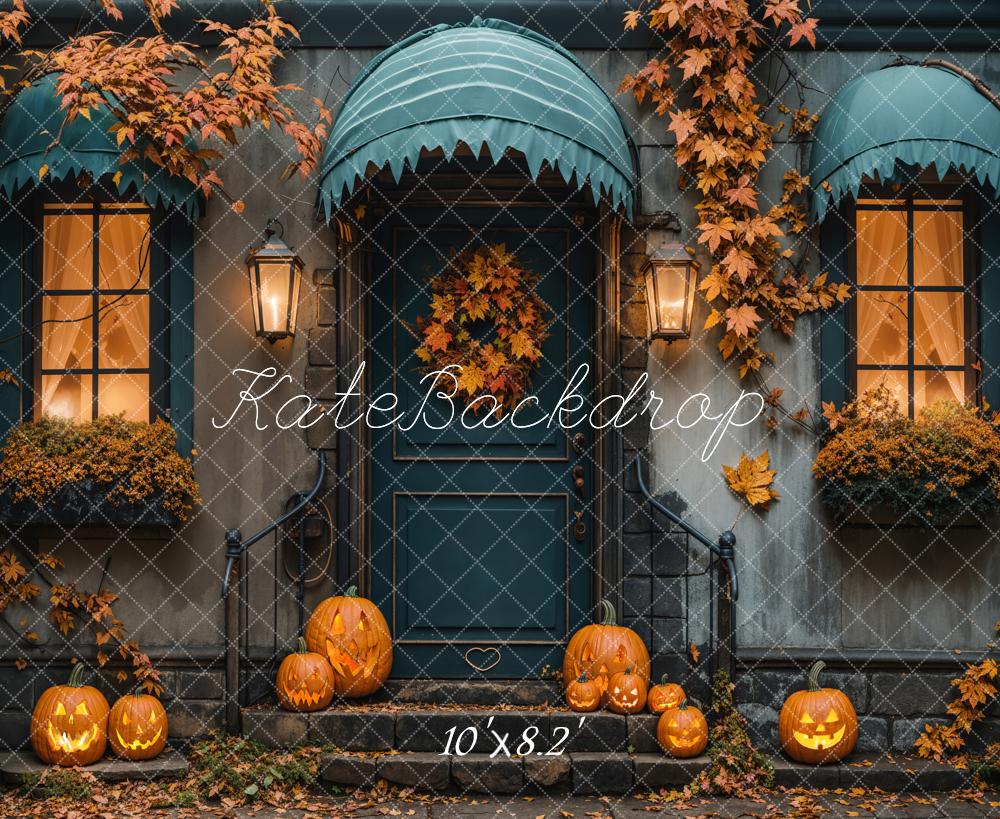 Kate Halloween Kürbisse Tür Hausfassade Hintergrund Entworfen von Emetselch - Kate Backdrop.de