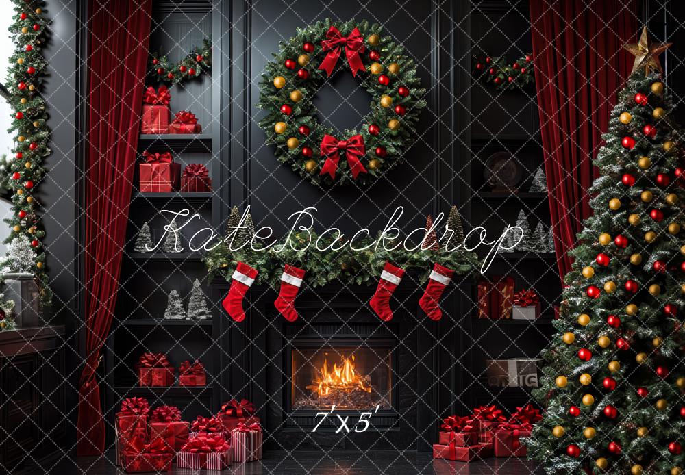 Kate Weihnachten Kamin Kranz Weihnachtsbaum Hintergrund Entworfen von Mini MakeBelieve - Kate Backdrop.de