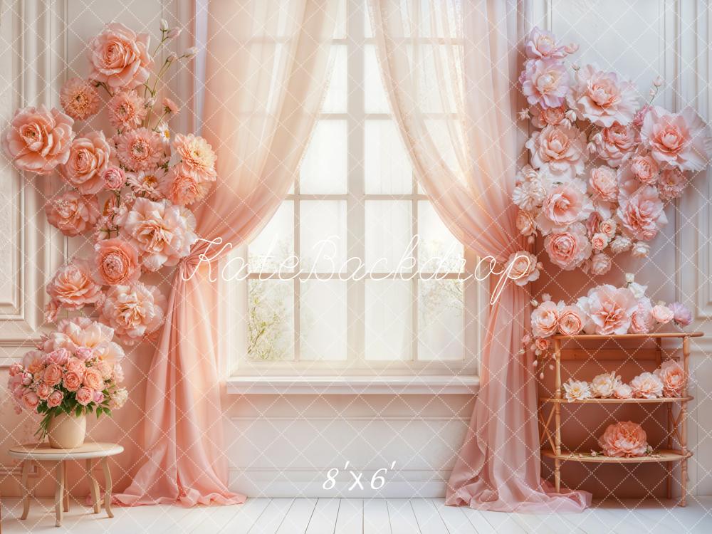 Kate Romantik Fenster Vorhang Blumen Pastellrosa Hintergrund Entworfen von Emetselch