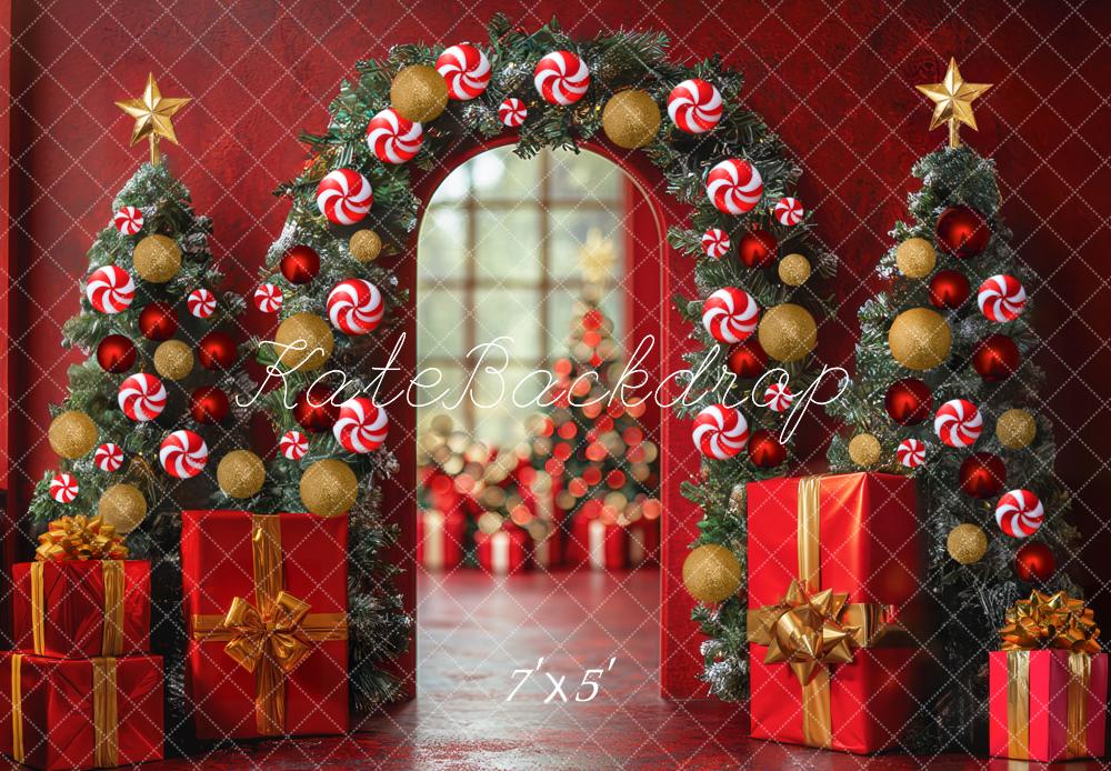 Kate Weihnachten Geschenke Tannenzweige Rot Hintergrund Entworfen von Mini MakeBelieve - Kate Backdrop.de