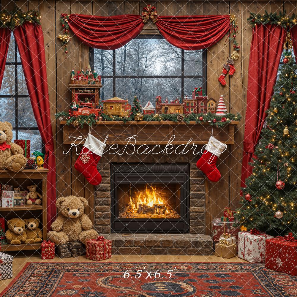 Kate Weihnachten Kamin Weihnachtsbaum Geschenke Rot Hintergrund Entworfen von Emetselch - Kate Backdrop.de
