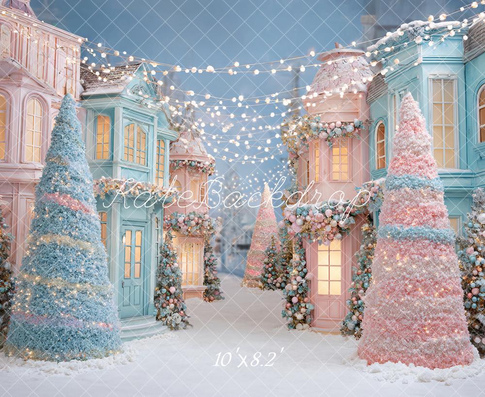 Kate Weihnachten Pastell Häuser Bäume Hintergrund Entworfen von Ashley Paul