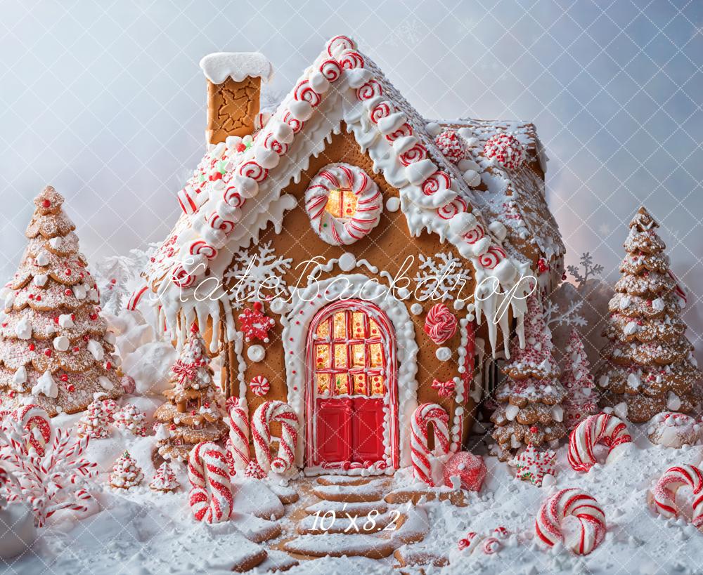 Kate Weihnachten Lebkuchenhaus Zuckerstangen Schnee Hintergrund Entworfen von Chain - Kate Backdrop.de