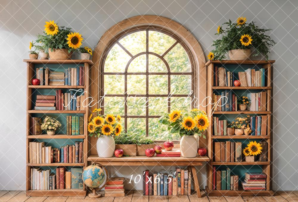 Kate Zurück Zur Schule Bücherregal Fenster Sonnenblumen Fleece Hintergrund Entworfen von Emetselch