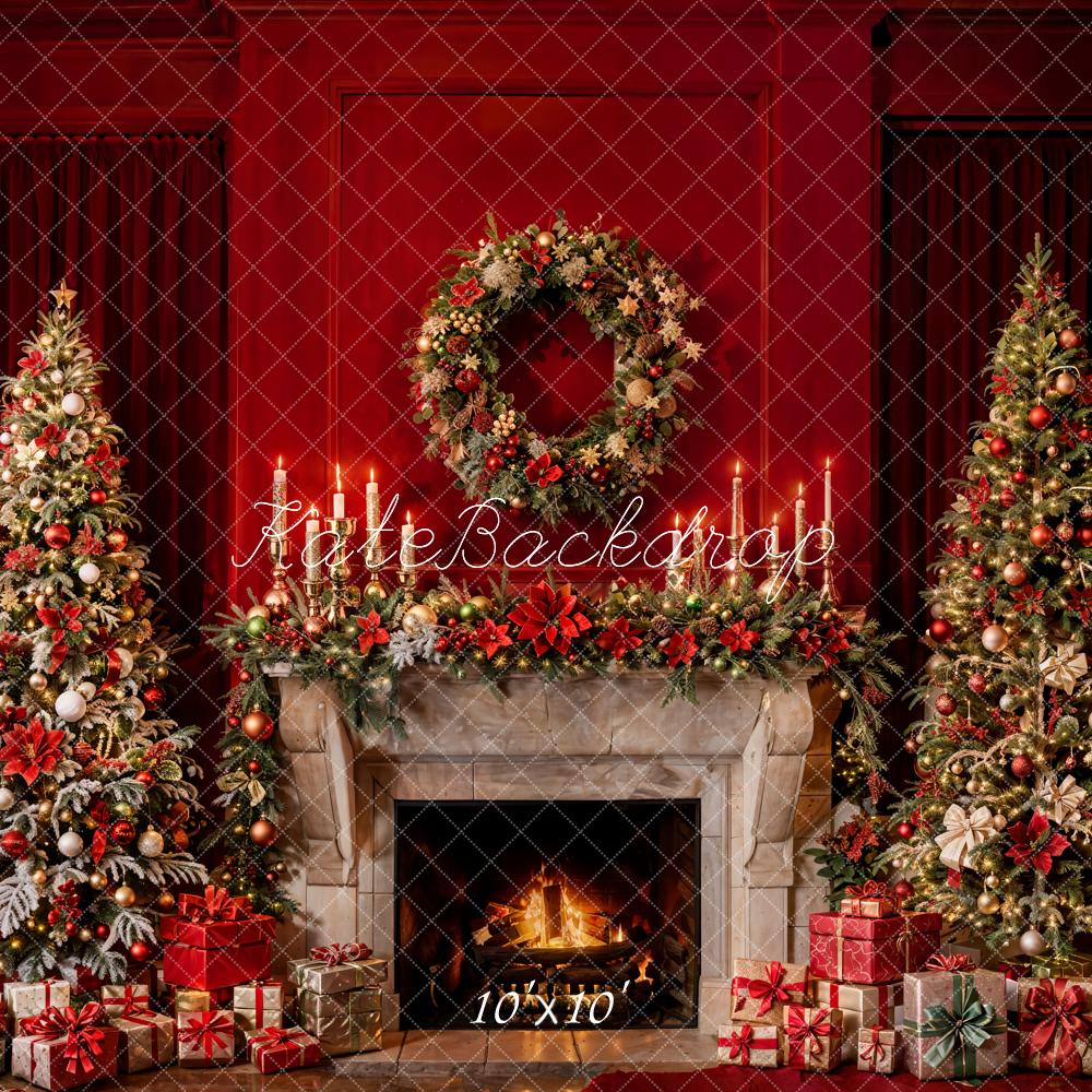 Kate Weihnachten Kamin Weihnachtsbaum Rot Hintergrund Entworfen von Emetselch - Kate Backdrop.de
