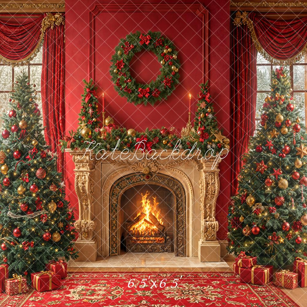 Kate Weihnachten Kamin Tannenbaum Rot Hintergrund Entworfen von Emetselch - Kate Backdrop.de