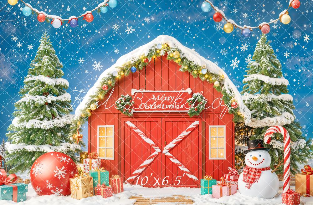 Kate Weihnachten Scheune Geschenke Schnee Fleece Hintergrund Entworfen von Chain - Kate Backdrop.de