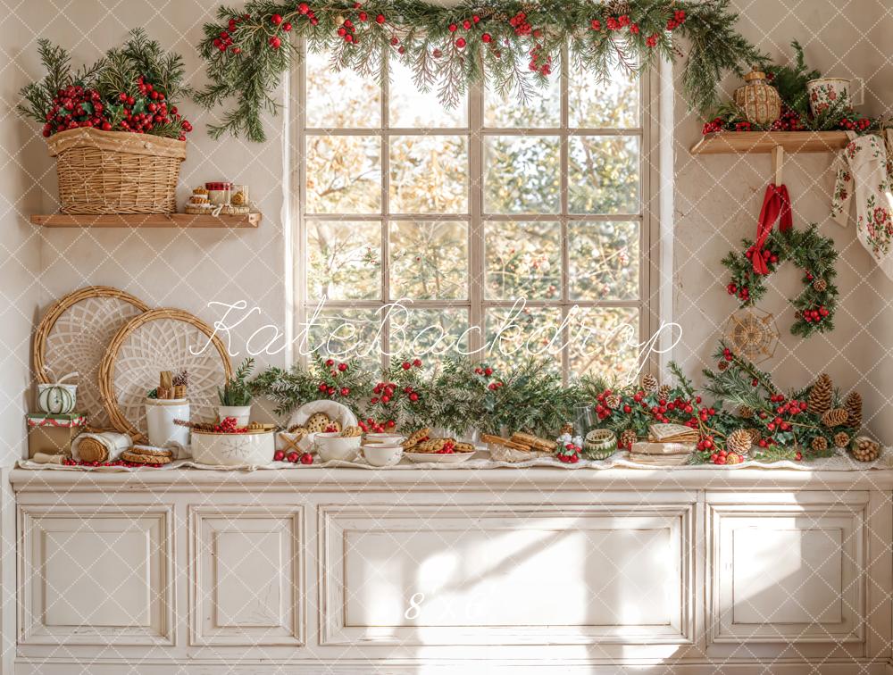 Kate Weihnachten Fenster Tannenzweige Rustikal Fleece Hintergrund Entworfen von Emetselch