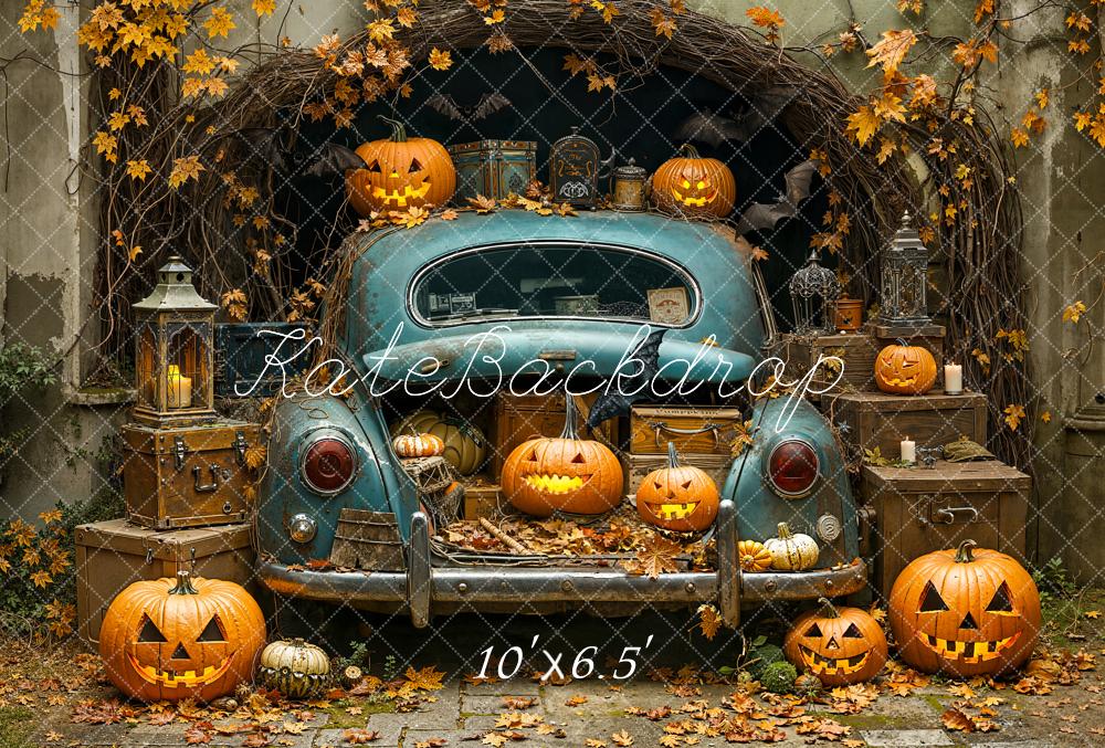 Kate Halloween Kürbisse Altes Auto Herbstlaub Fleece Hintergrund Entworfen von Emetselch - Kate Backdrop.de