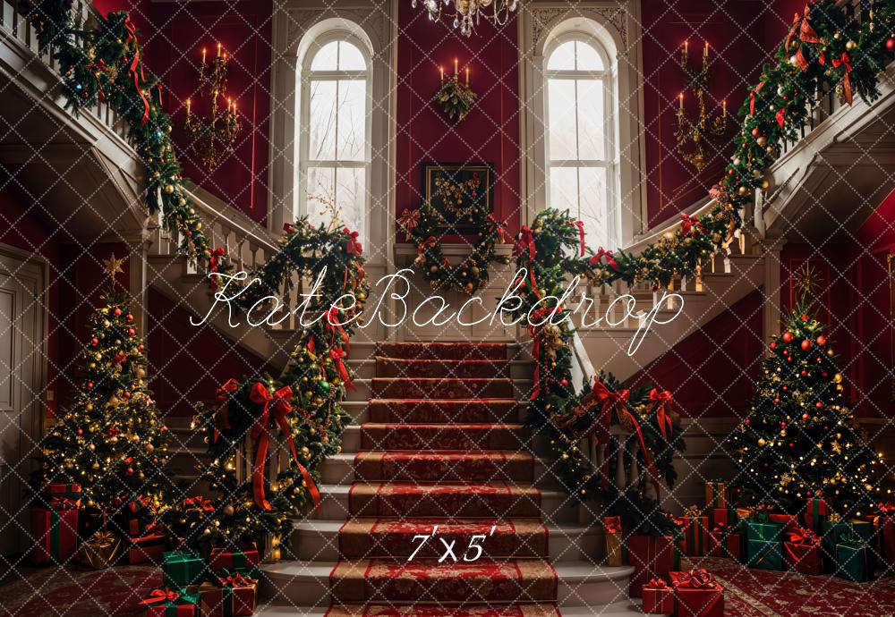 Kate Weihnachten Treppe Girlande Rot Hintergrund Entworfen von Emetselch - Kate Backdrop.de