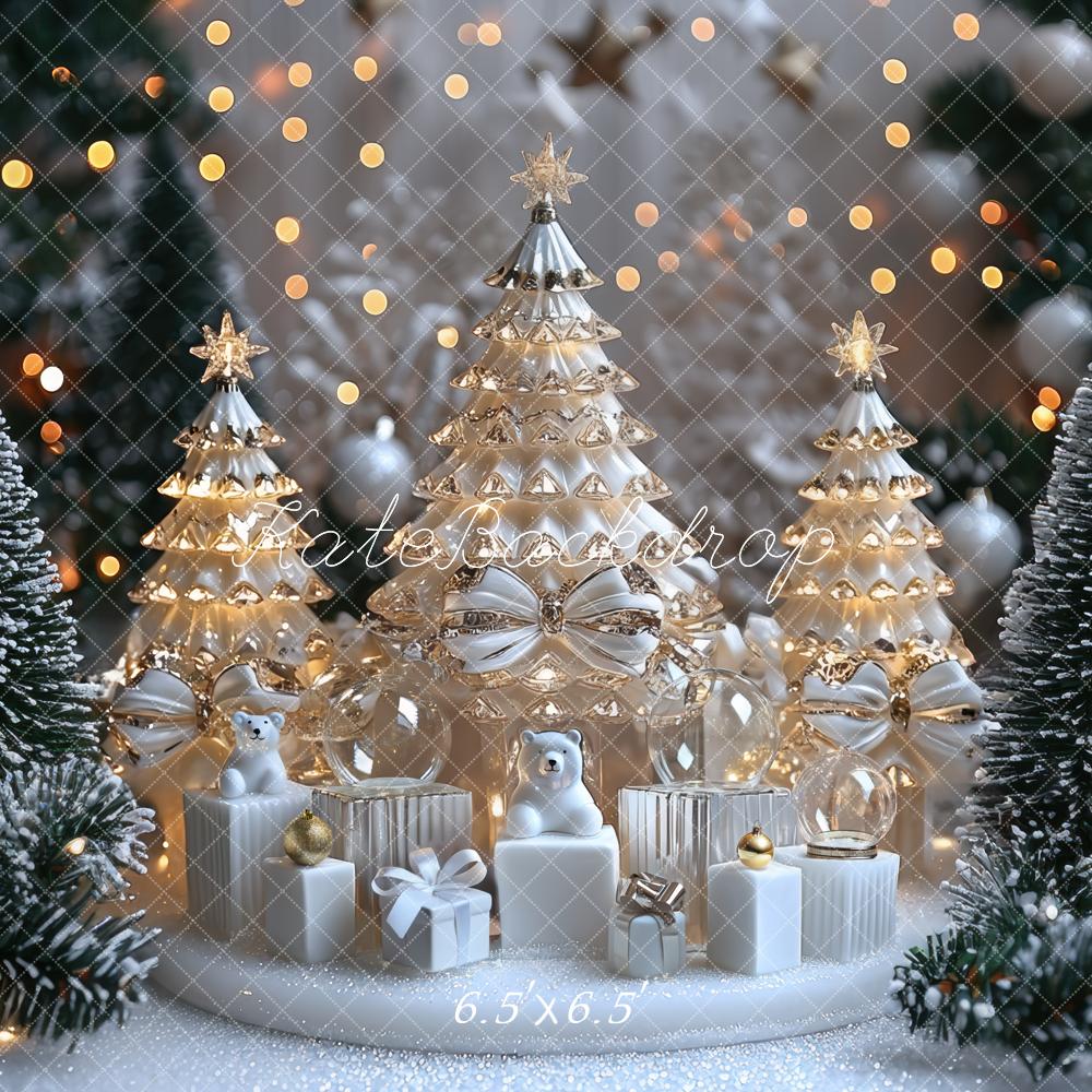 Kate Weihnachten Goldene Weihnachtsbäume Weiß Hintergrund Entworfen von Mini MakeBelieve - Kate Backdrop.de