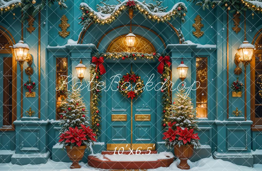 Kate Weihnachten Blaue Tür Kranz Schnee Hintergrund Entworfen von Emetselch - Kate Backdrop.de