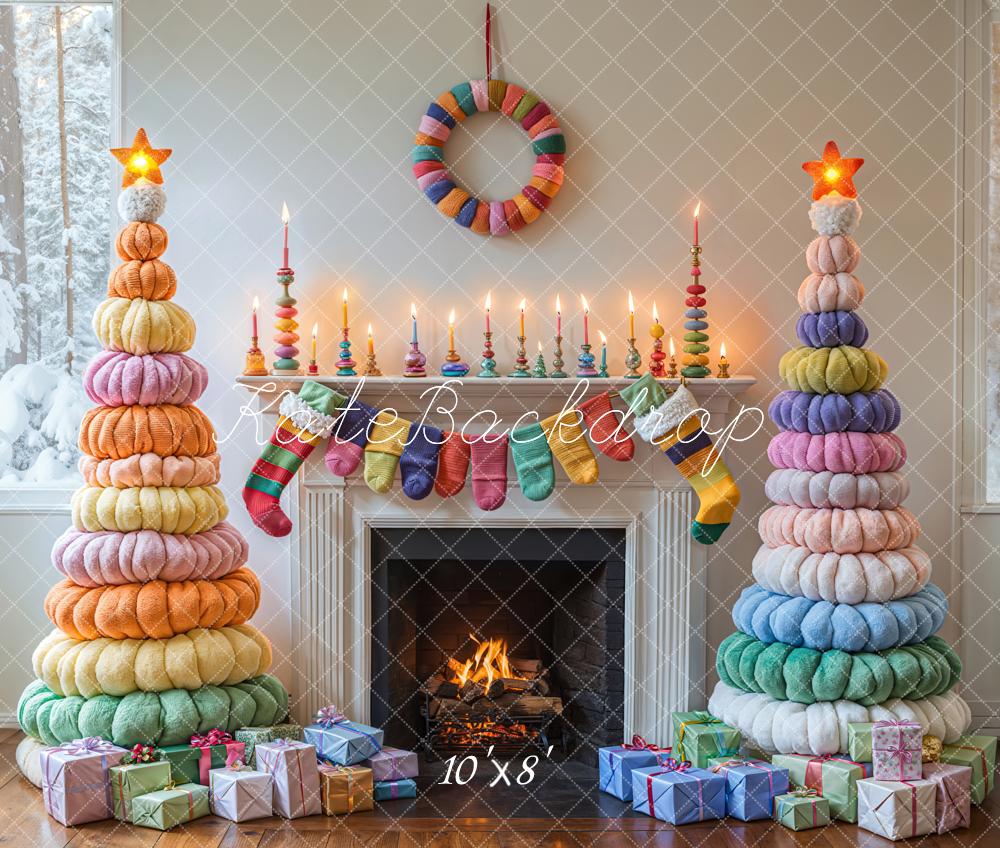 Kate Weihnachten Gestrickte Bäume Kamin Bunt Fleece Hintergrund Entworfen von Emetselch - Kate Backdrop.de