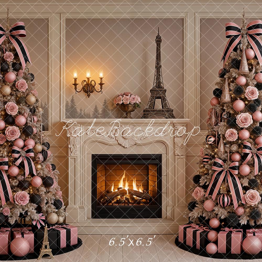 Kate Weihnachten Kamin Weihnachtsbaum Paris Rosa Hintergrund Entworfen von Ashley Paul - Kate Backdrop.de