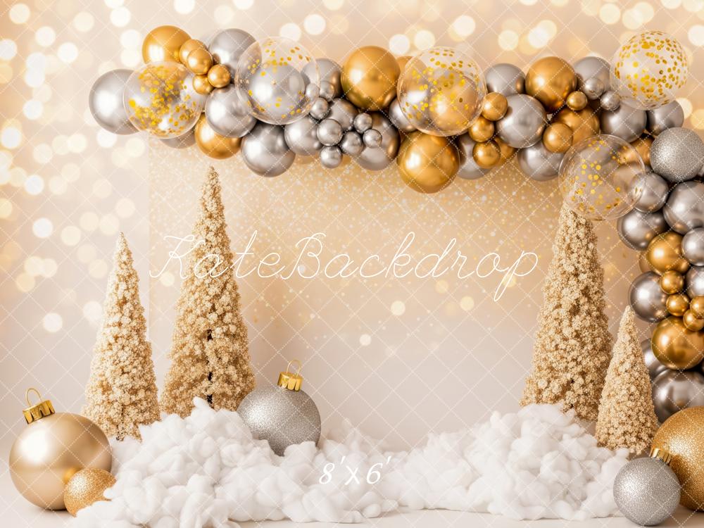 Kate Weihnachten Ballonbogen Tannen Gold Silber Hintergrund Entworfen von Patty Roberts - Kate Backdrop.de