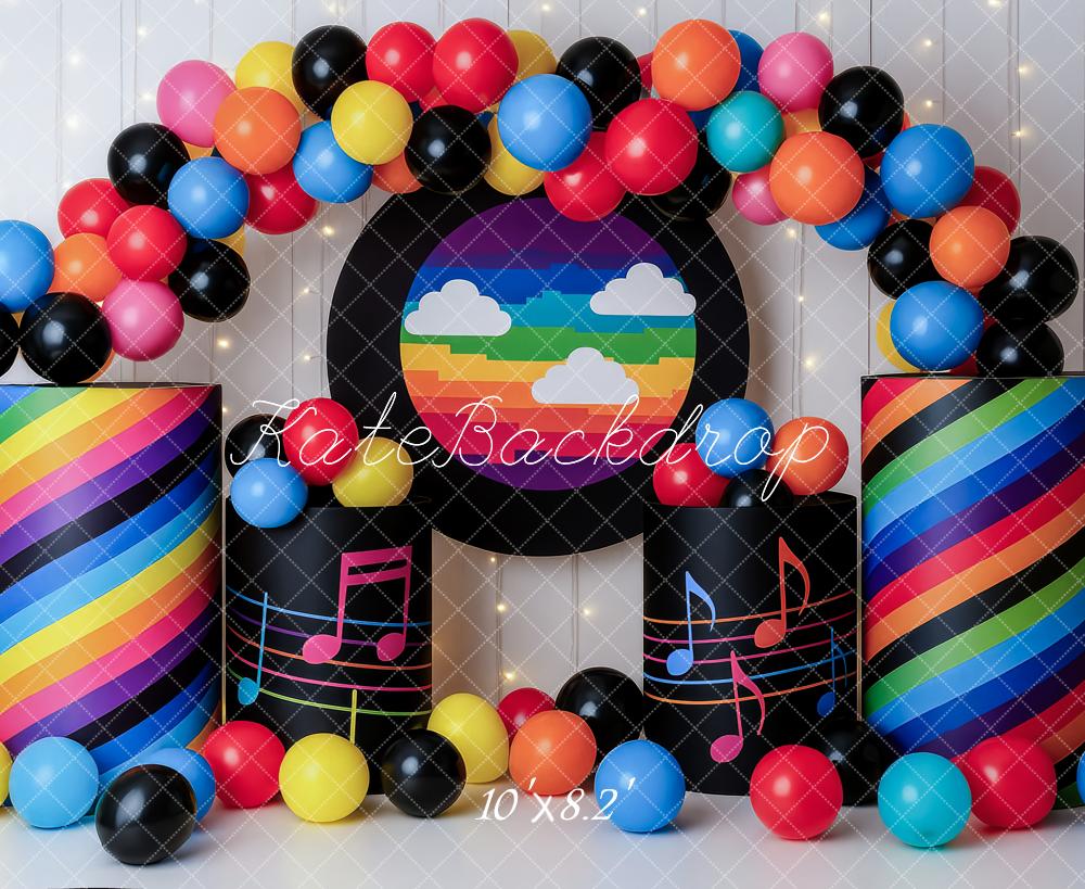 Kate Geburtstag Bunte Luftballons Regenbogen Streifen Hintergrund Entworfen von Patty Roberts - Kate Backdrop.de